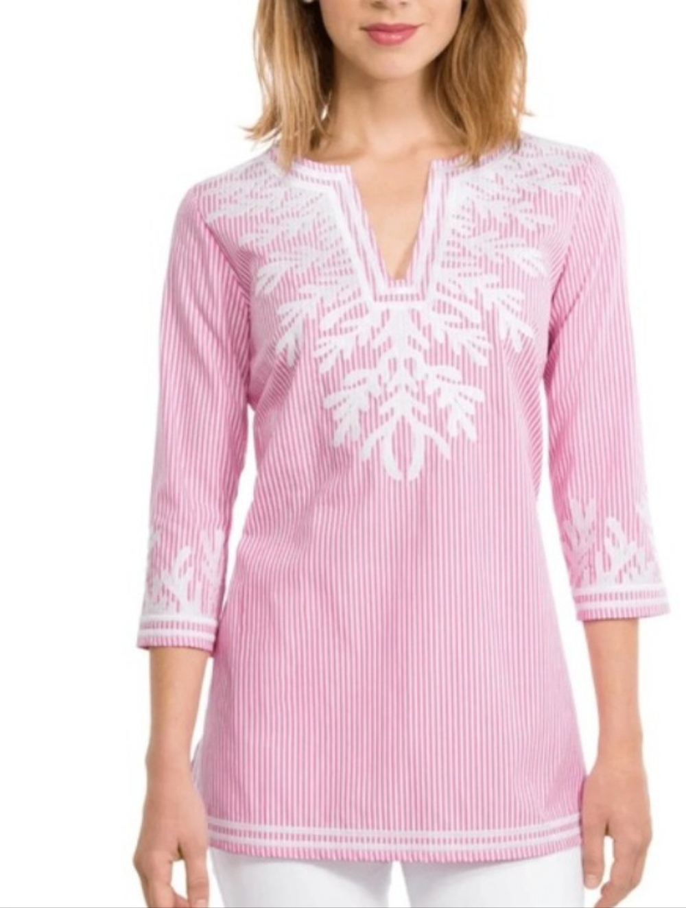 New Gretchen Scott Designs Pink Gingham Embroidered V-Neck Tunic X-Small